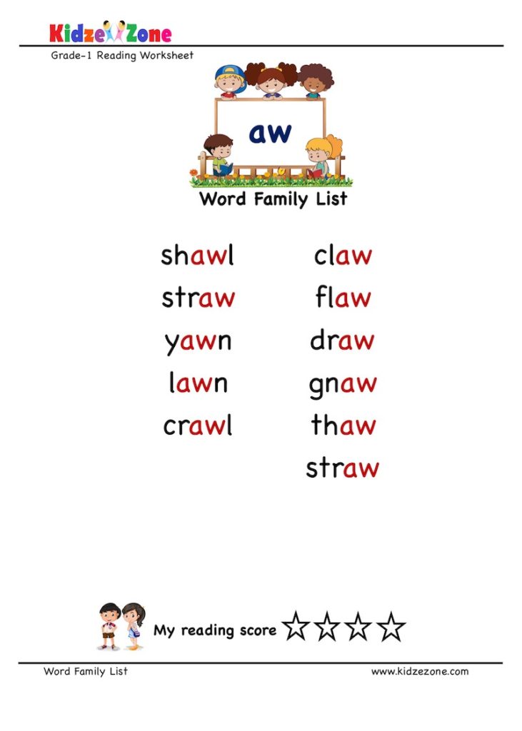 “aw” Word Family word list Worksheet