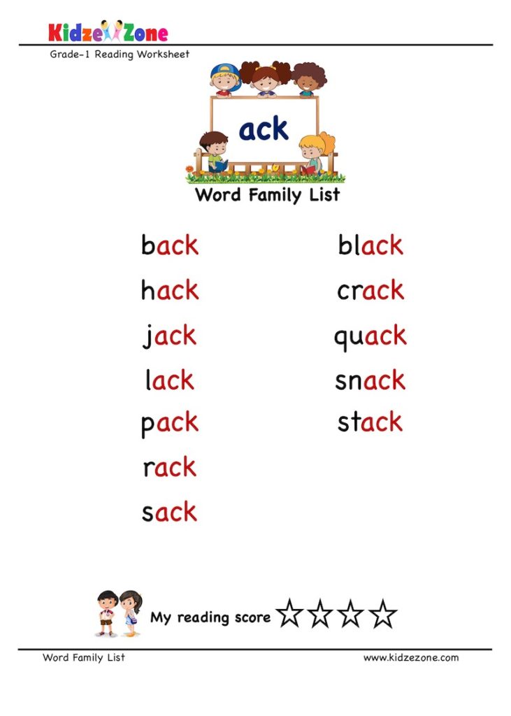 “ack” Word Family word list worksheet