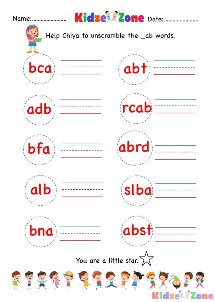 ab word family - Unscramble words worksheet