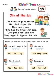 Kindergarten worksheet - ab word family - comprehension 1