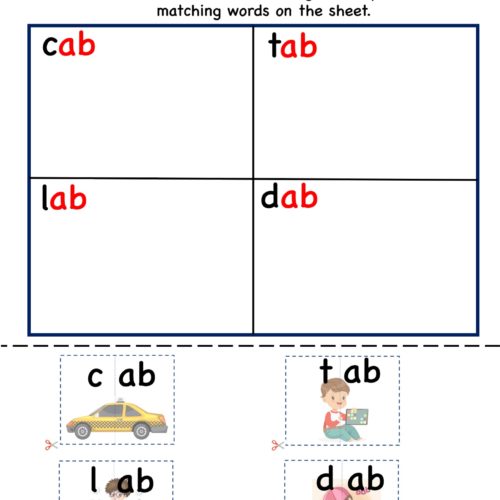 Kindergarten worksheet - ab word family - cut and paste 1