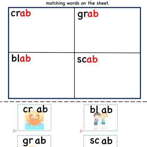 Kindergarten worksheet - ab word family - cut and paste 2