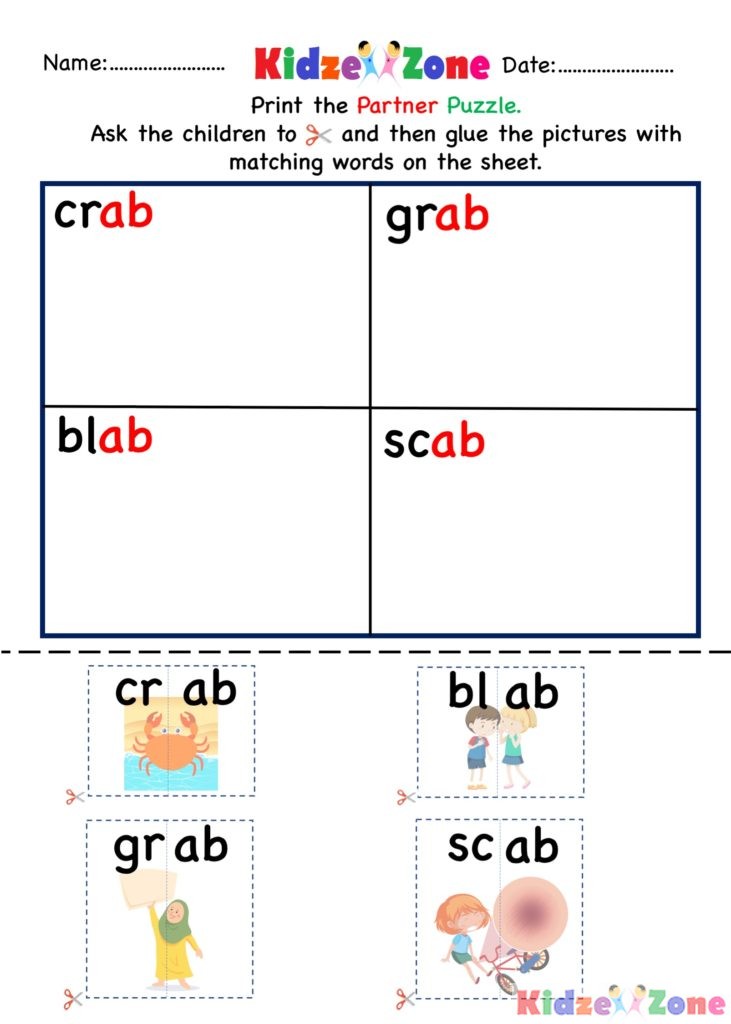 ab word family cut and paste worksheet
