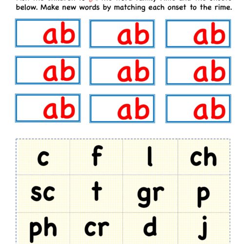 Kindergarten worksheet - ab word family - cut and paste 3