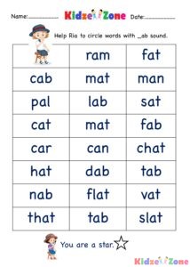 Kindergarten worksheet - ab word family - find and circle 2