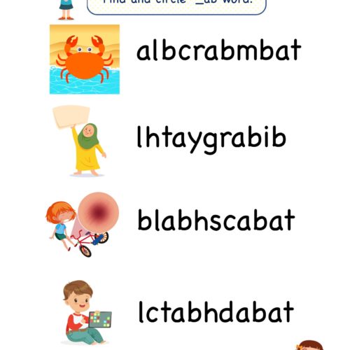 Kindergarten worksheet - ab word family - find and circle 3