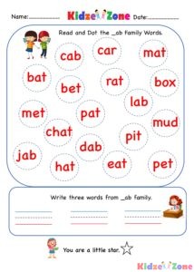 Kindergarten worksheet - ab word family - find and circle 4