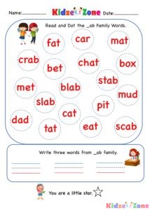 Kindergarten worksheet - ab word family - find and circle 5
