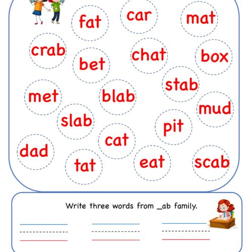 Kindergarten worksheet - ab word family - find and circle 5