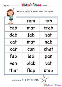 Kindergarten worksheet - ab word family - find and circle 6