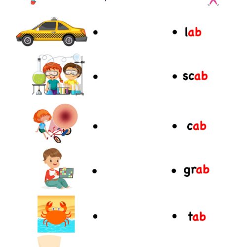 Kindergarten worksheet - ab word family - find and match