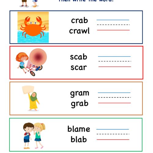 Kindergarten worksheet - ab word family - write words 6