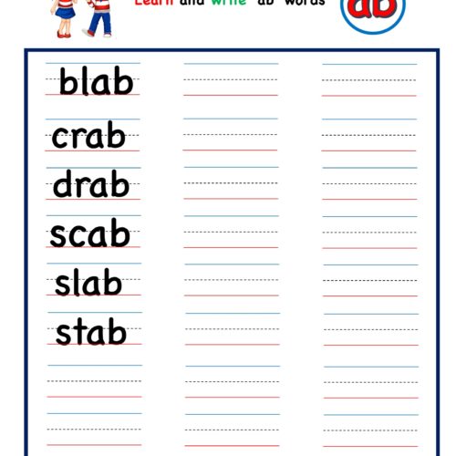 Kindergarten worksheet - ab word family - write words 9