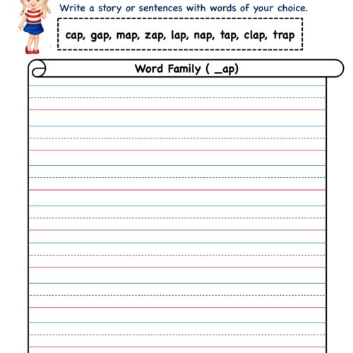 Download Kindergarten Worksheet : ap Word family - story writing