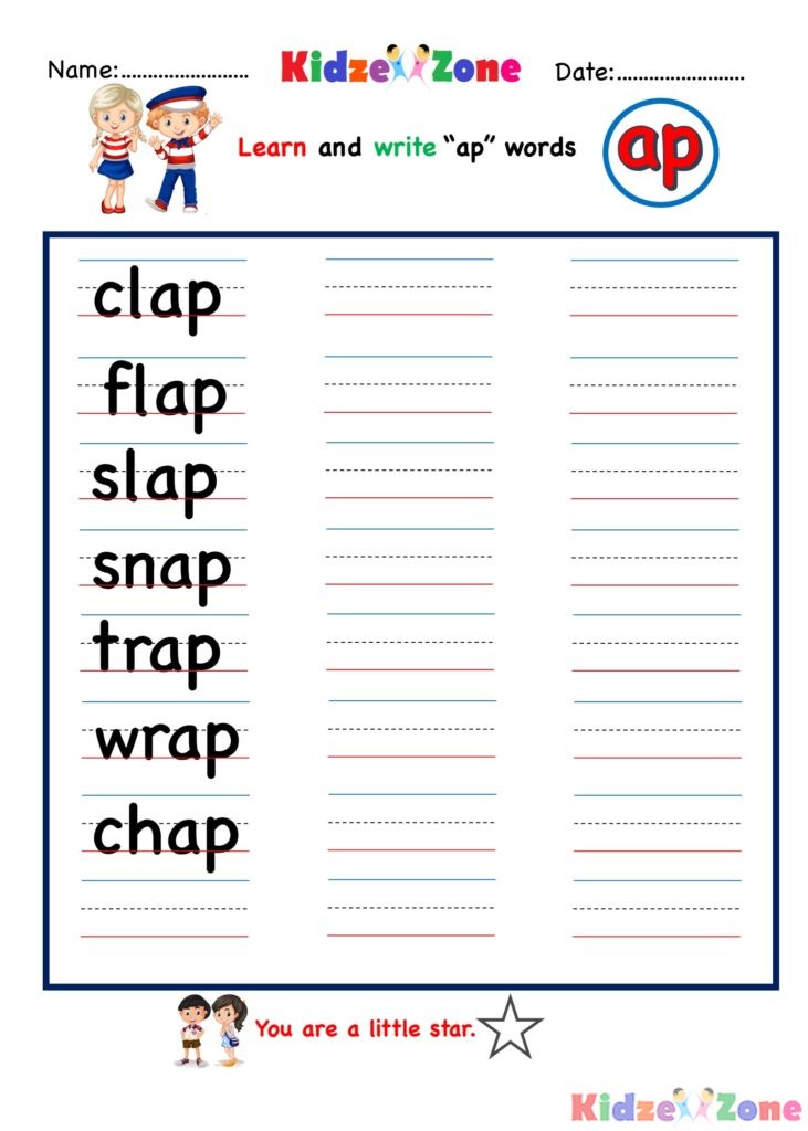 Kindergarten  worksheets Ap writing words