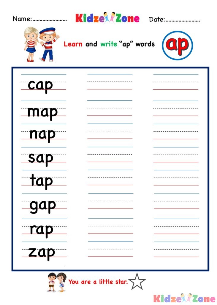 Kindergarten worksheets ap word family write words