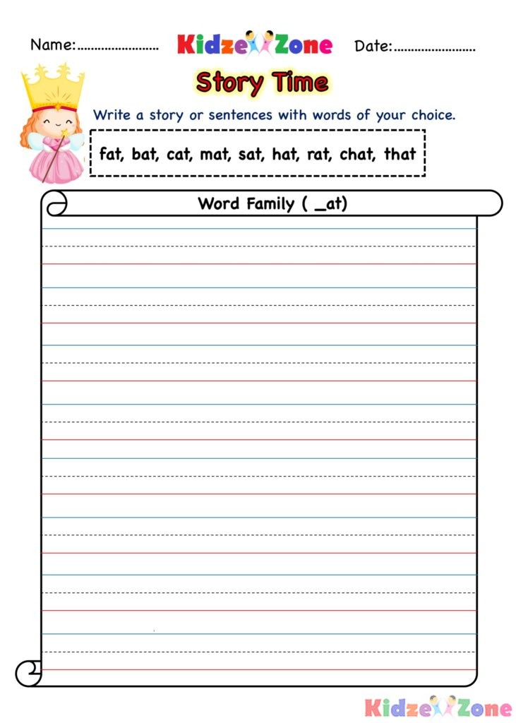 Kindergarten worksheets - at word family - Story Writing