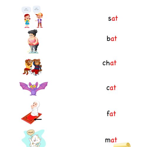Kindergarten worksheet - at word family - find and match