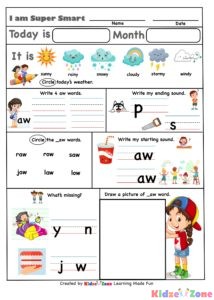Kindergarten worksheet - aw word family - Smart Sheet 1