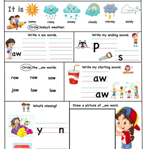Kindergarten worksheet - aw word family - Smart Sheet 1
