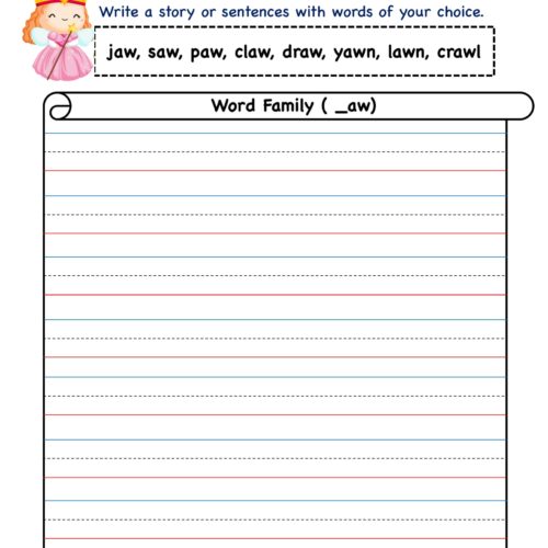 Kindergarten worksheet - aw word family - Story Writing