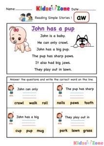 Kindergarten worksheet - aw word family - comprehension 3
