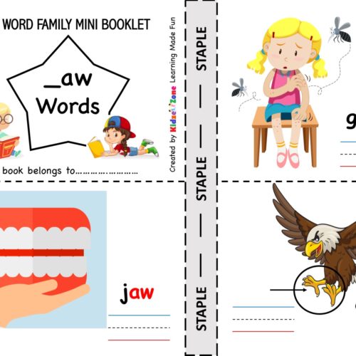 Kindergarten worksheet - aw word family - picture cards 3