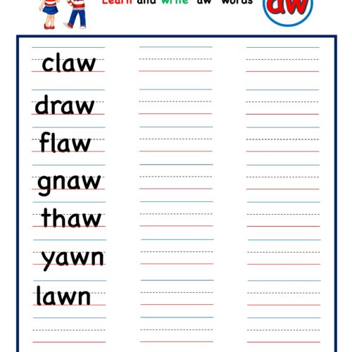 Kindergarten worksheet - aw word family - write words
