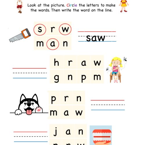 Kindergarten worksheet - aw word family - write words 5