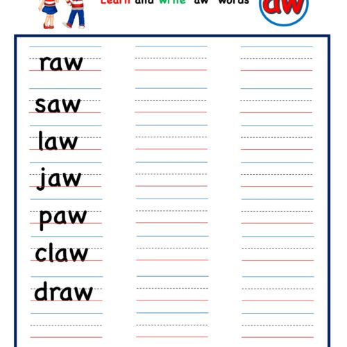 Kindergarten worksheet - aw word family - write words 9