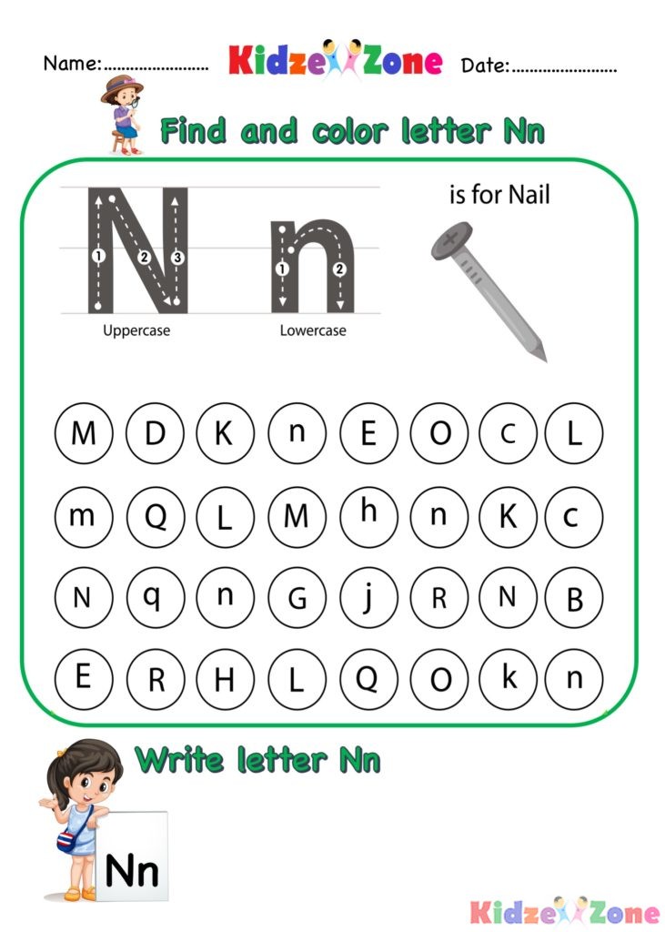 Kindergarten Letter N worksheets - Find and Color