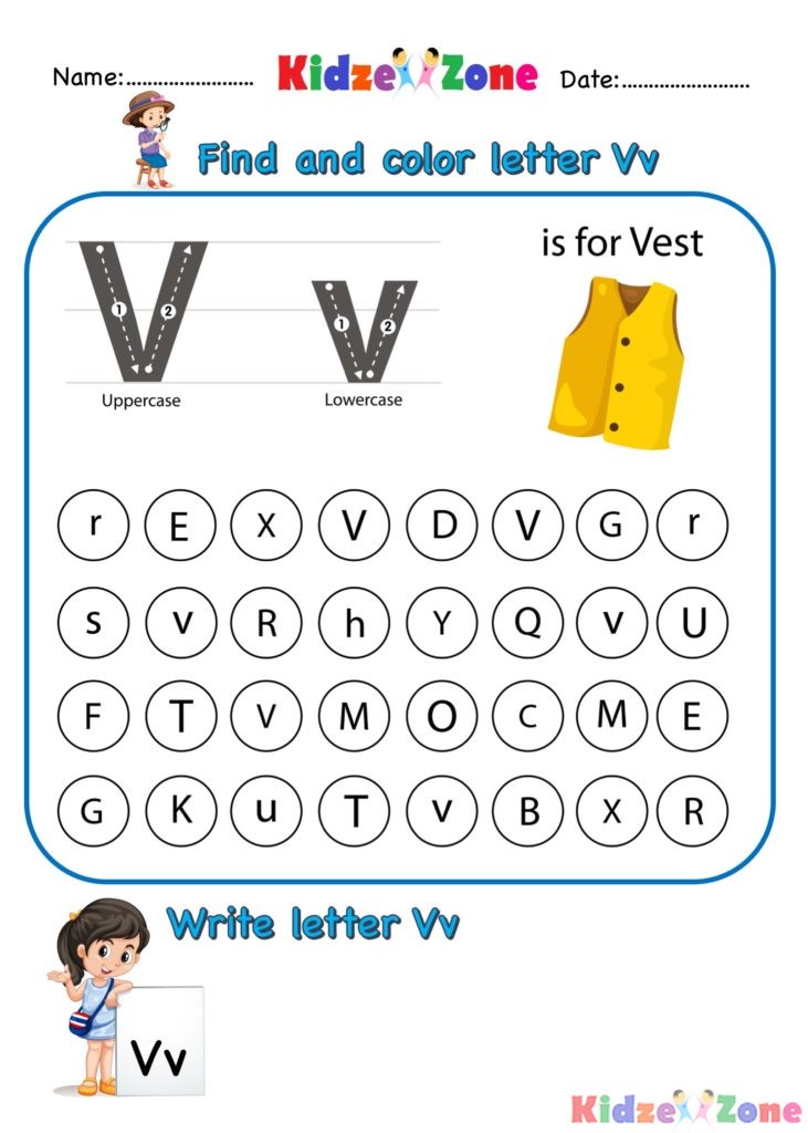 Kindergarten Letter V worksheets Find and Color