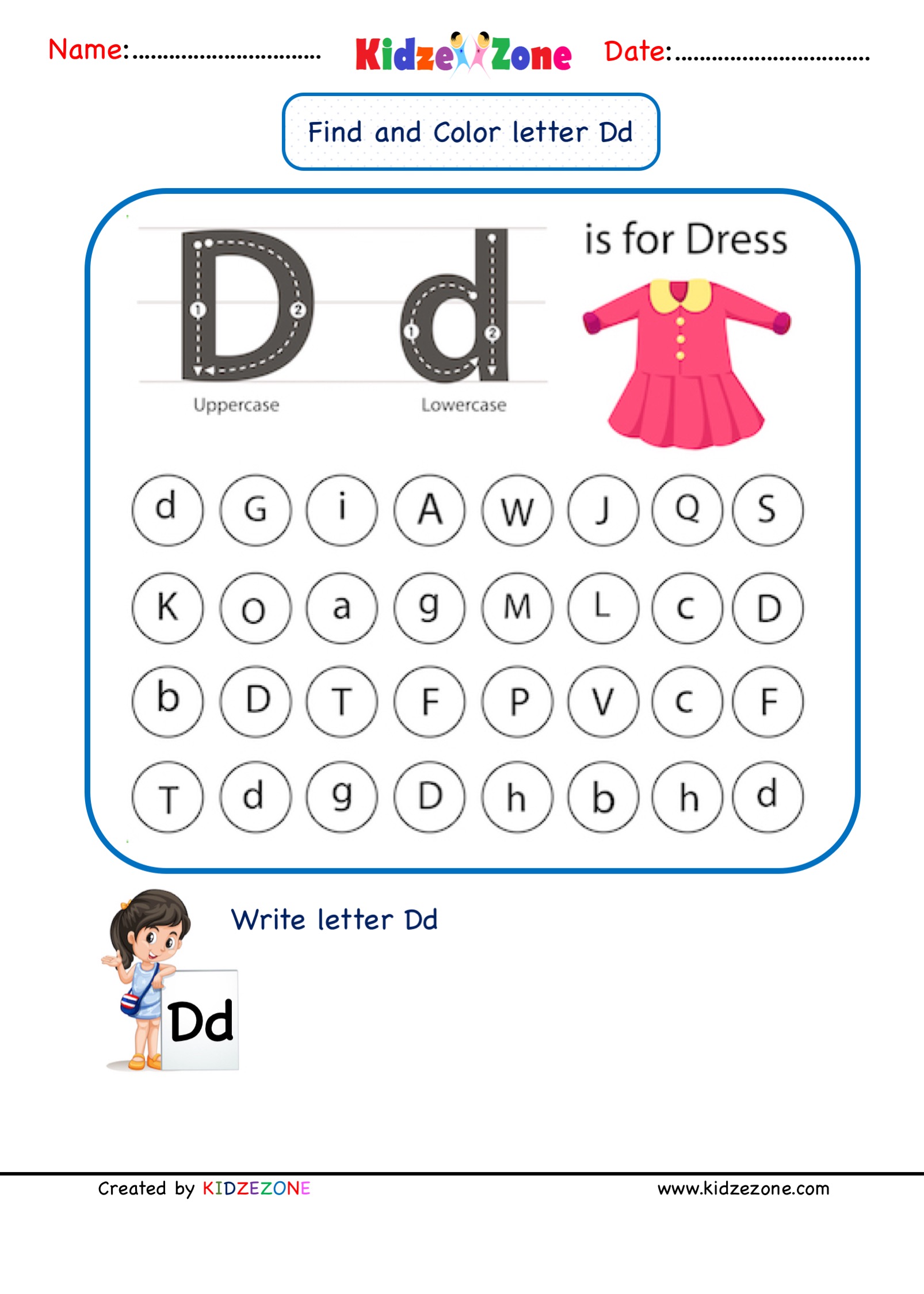 Kindergarten Letter D Find and Color Worksheet - KidzeZone Pertaining To Letter D Worksheet For Preschool