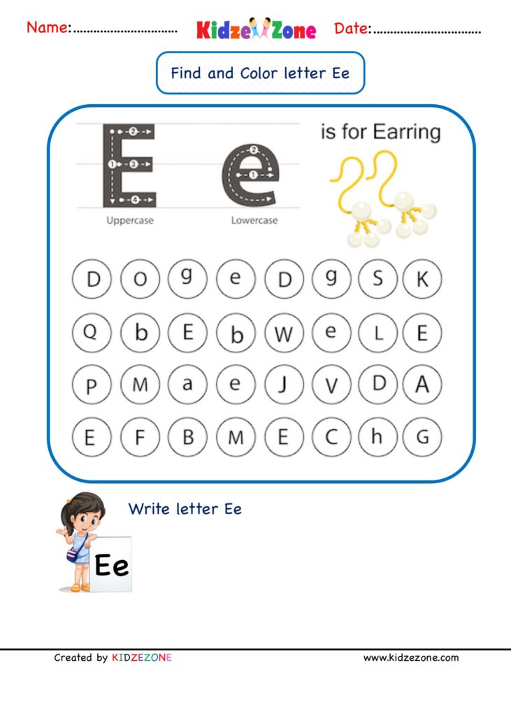 Kindergarten Letter E worksheets - Find and Color - KidzeZone