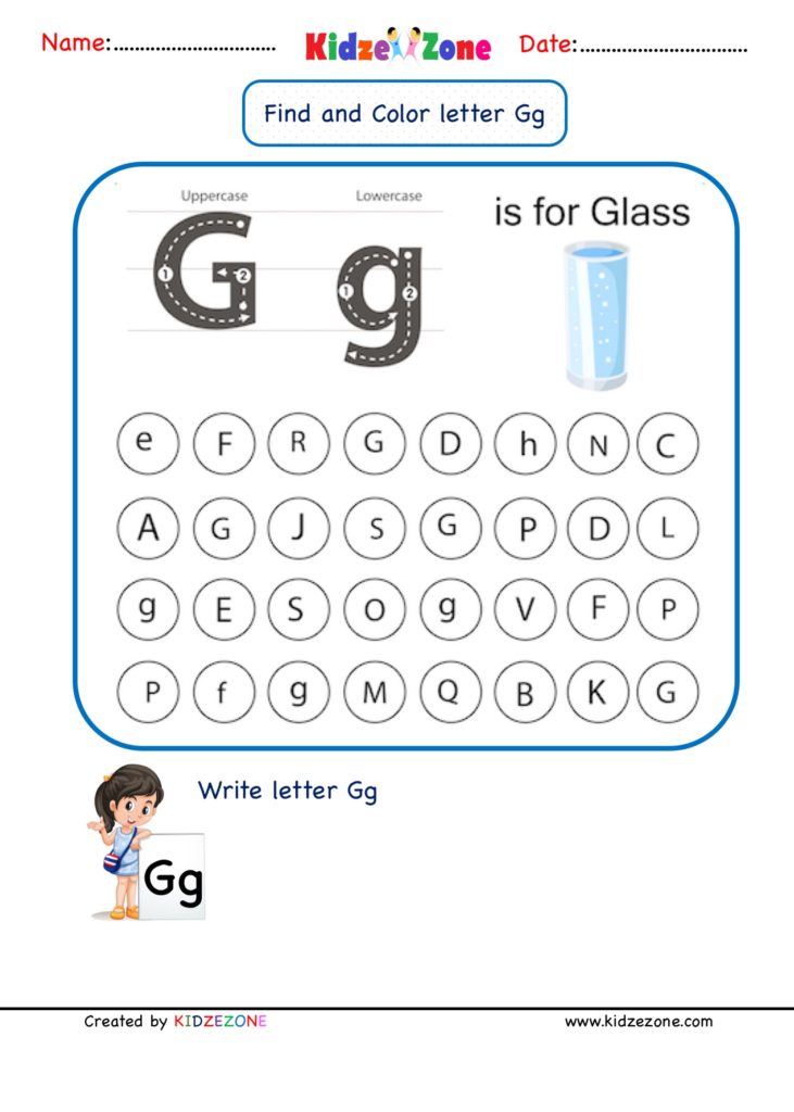 Kindergarten Letter G Find and Color worksheet