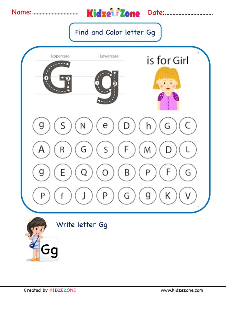Kindergarten Letter  G Find and Color worksheet