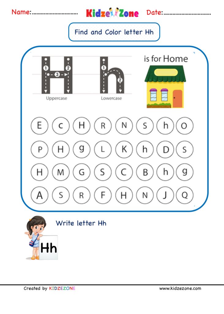 Kindergarten Letter  H Find and Color worksheet