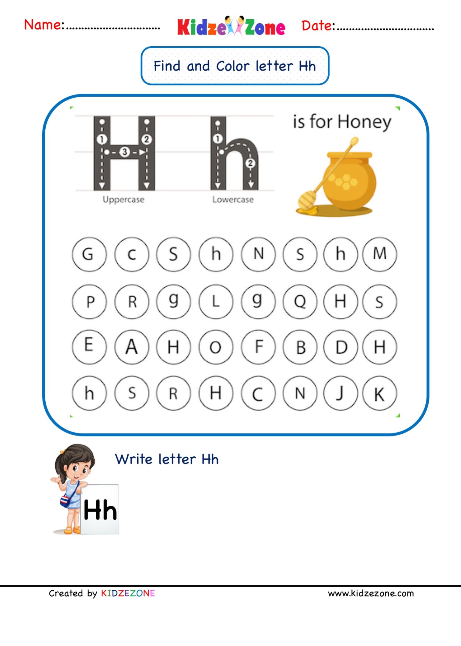 Kindergarten Letter H worksheets - Find and Color - KidzeZone