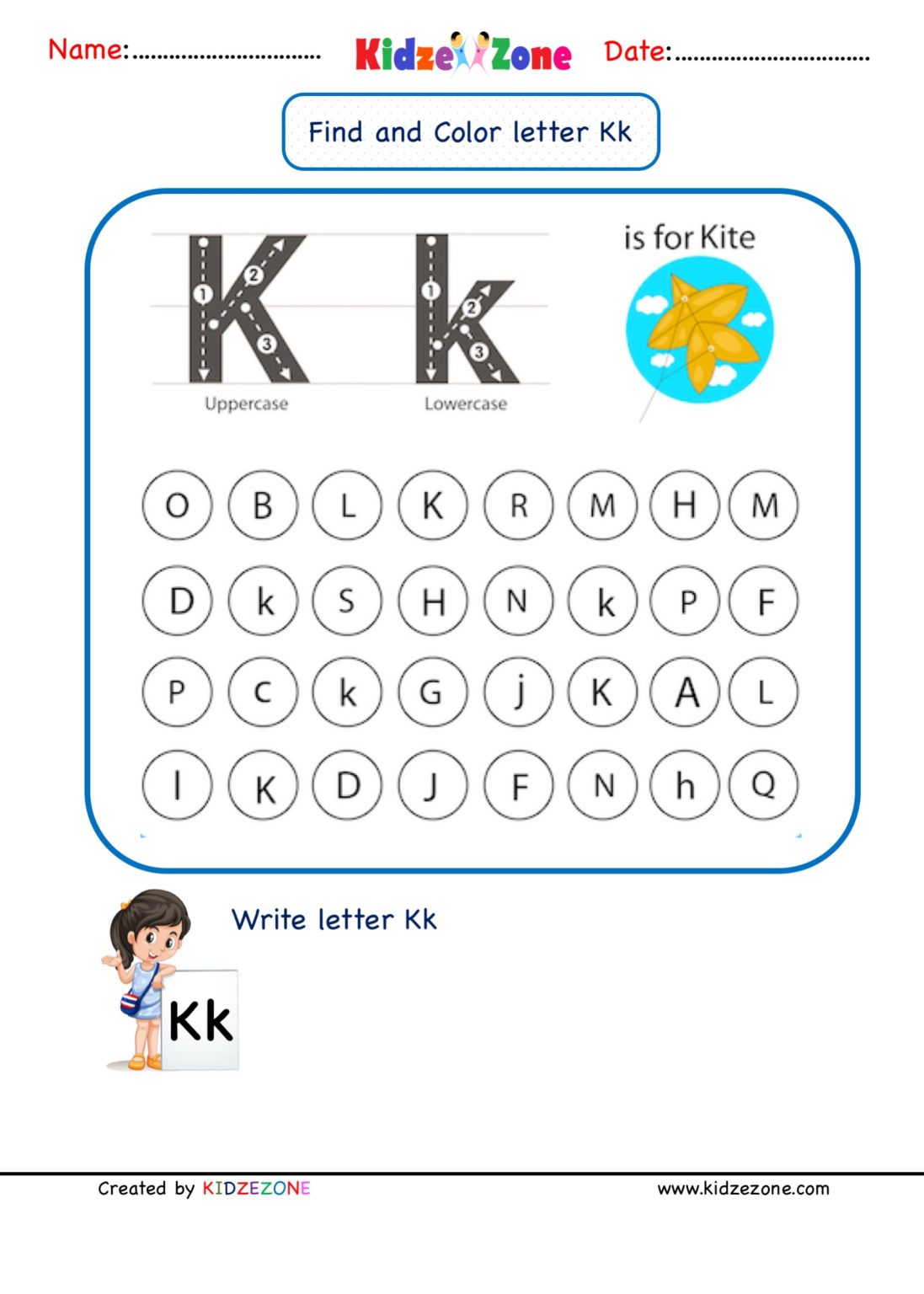 Kindergarten Letter K worksheets - Find and Color - KidzeZone
