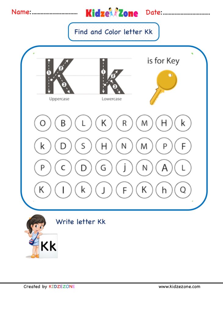 Kindergarten Letter K Find and Color worksheet