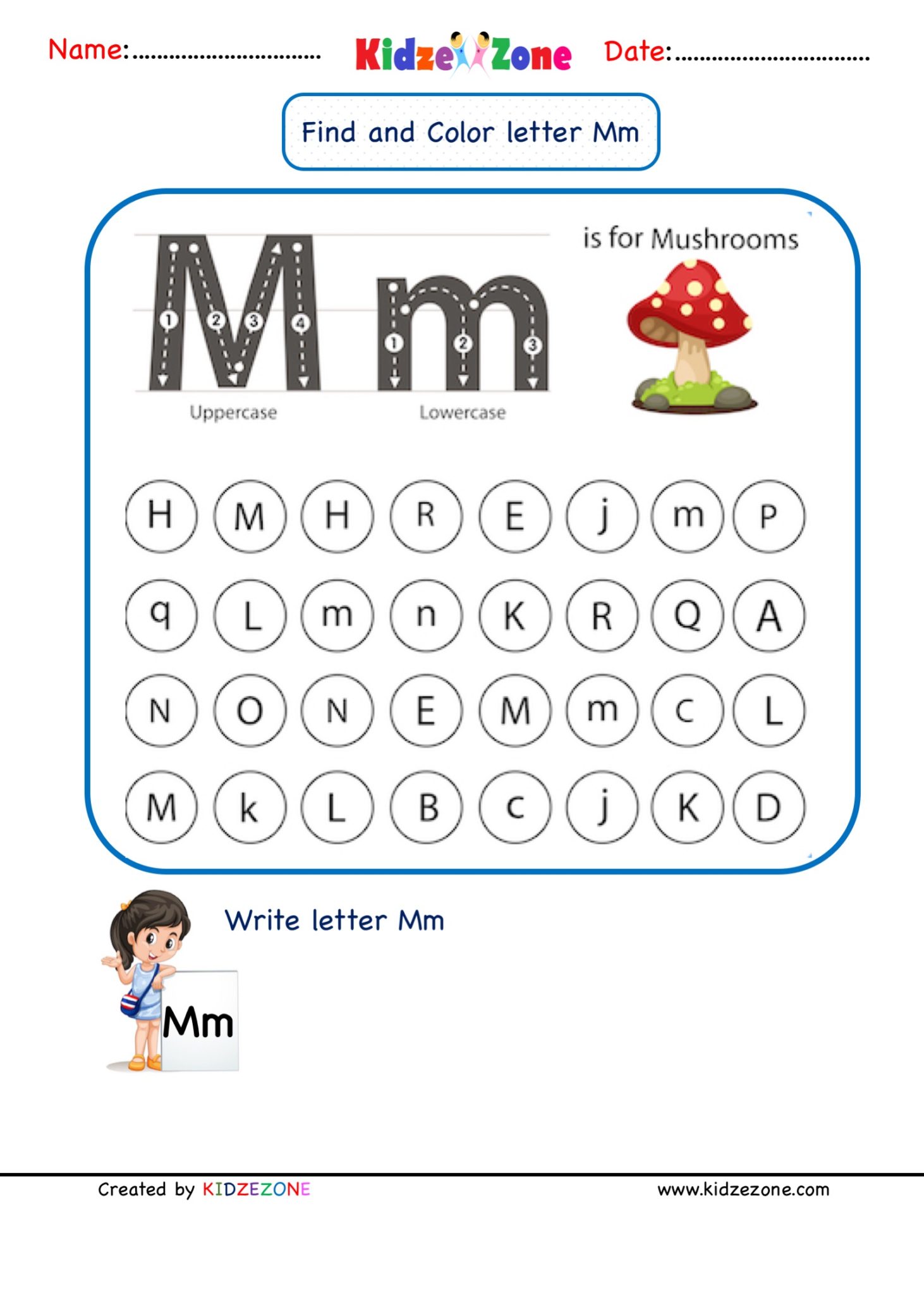 Kindergarten Letter M worksheets - Find and Color - KidzeZone