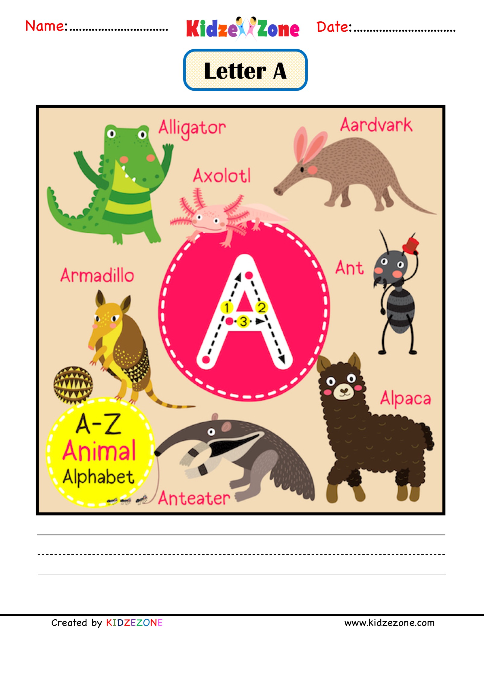 Kindergarten Letter A Animal Picture Cards Worksheet
