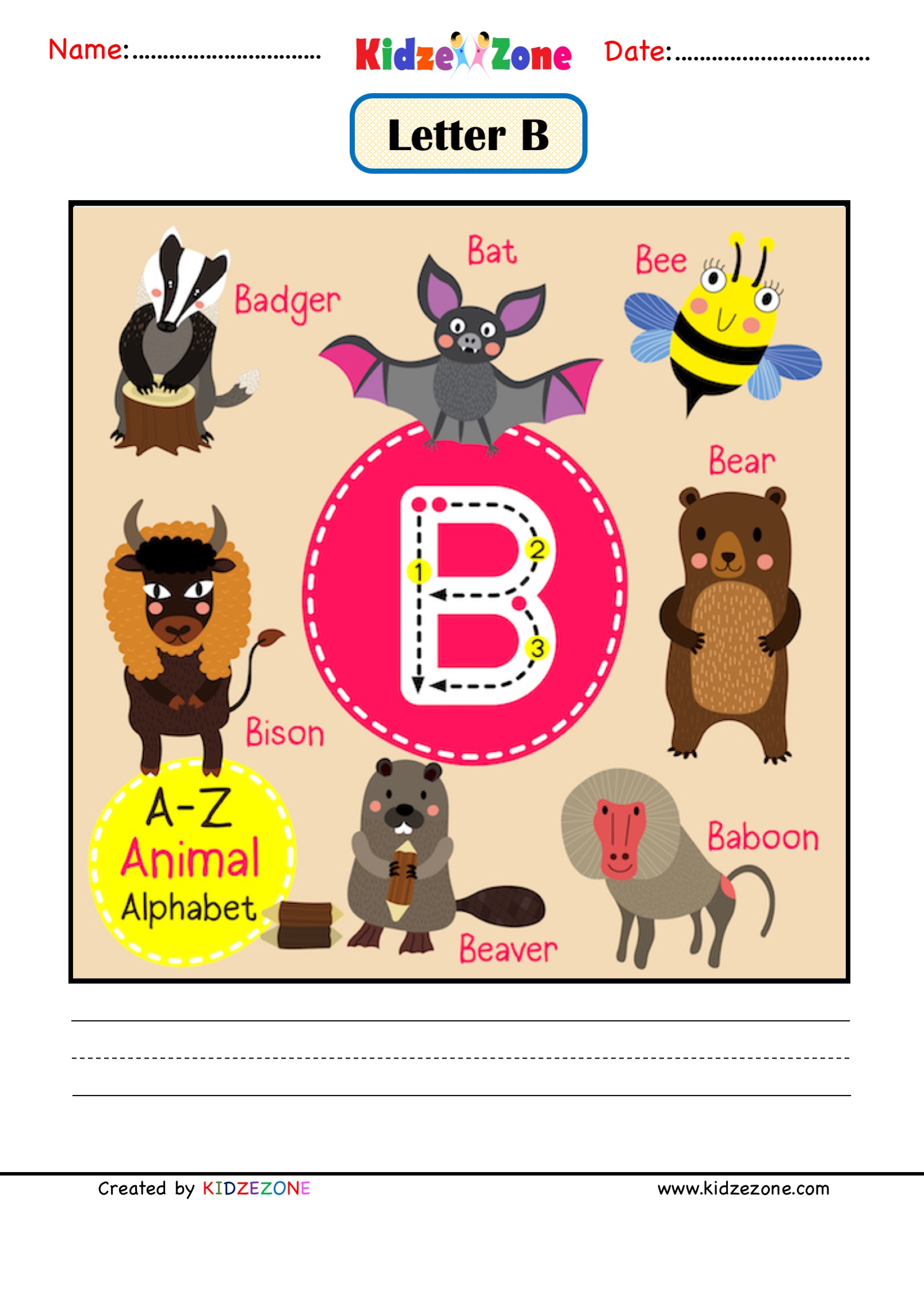 Kindergarten Letter B Animal Picture Cards Worksheet - KidzeZone