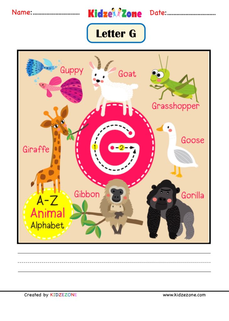 Kindergarten Letter G Animal Picture Cards Worksheet