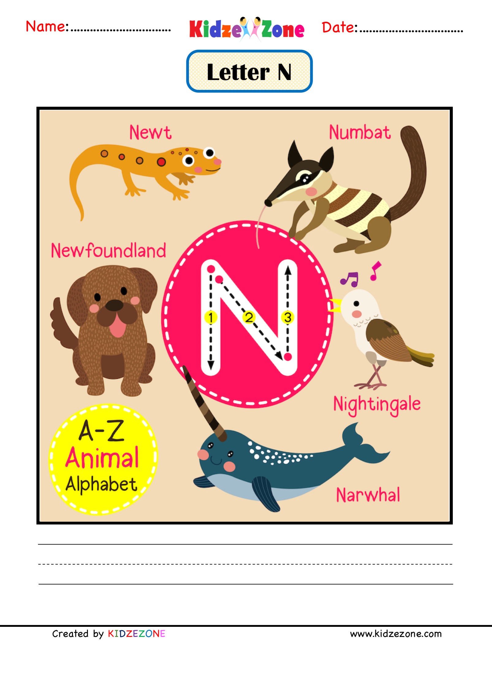 Kindergarten Letter N Animal Picture Cards Worksheet