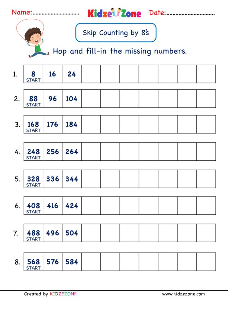 Math Number Practice skip counting by 8, Worksheet 3
