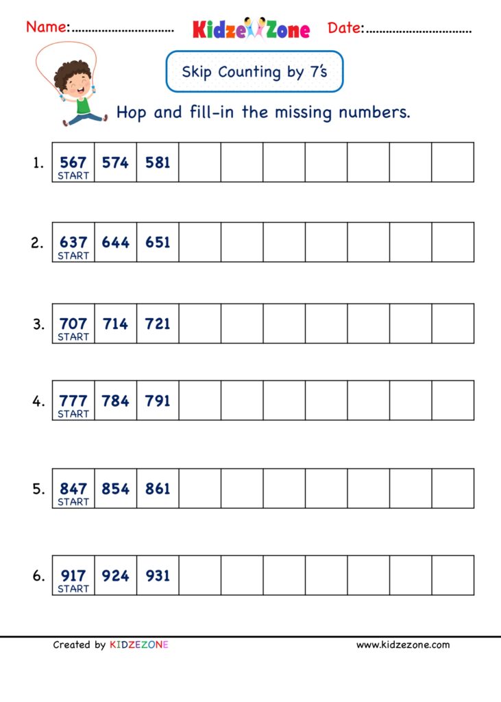 Math Number Practice worksheets skip counting by 7