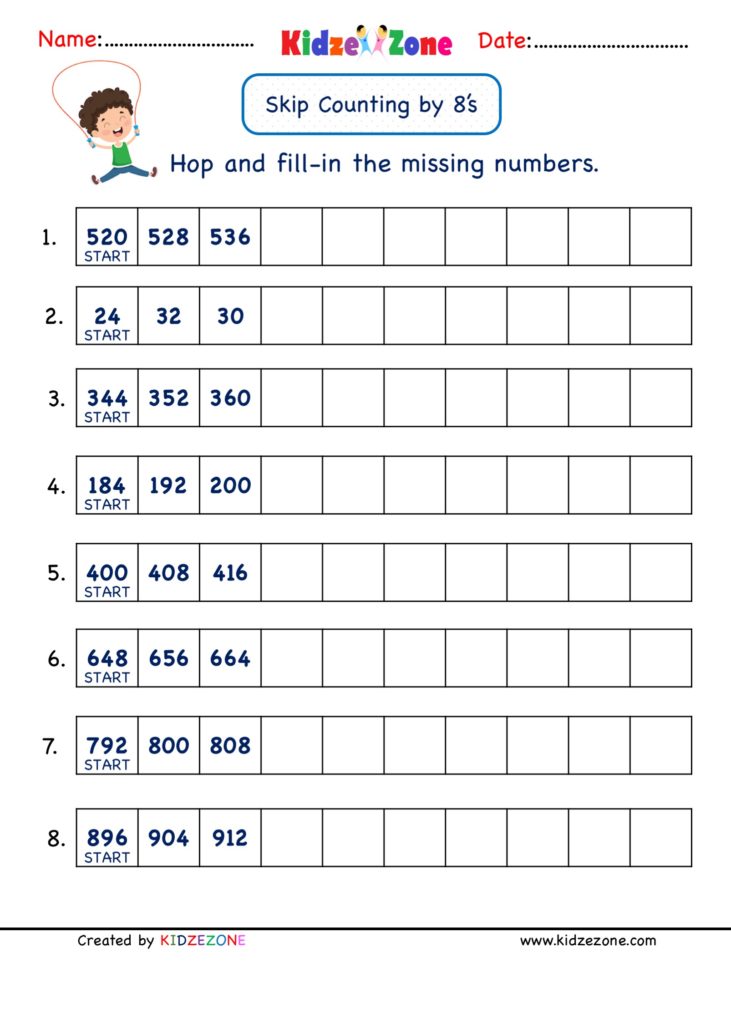 Math Number Practice worksheets skip counting by 8, Worksheet 2