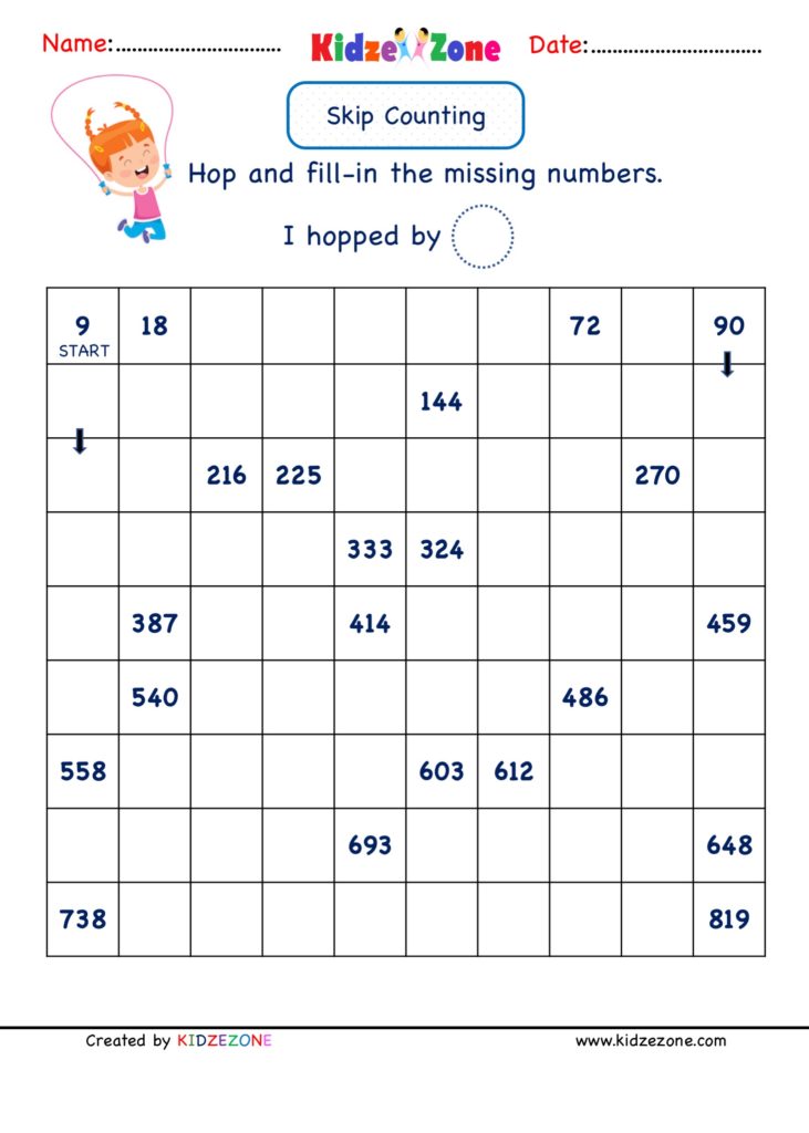 Math Number Skip Counting by 9, range 9 to 819