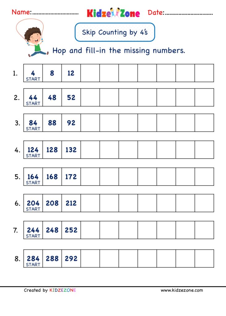 Math Number worksheets skip counting by 4